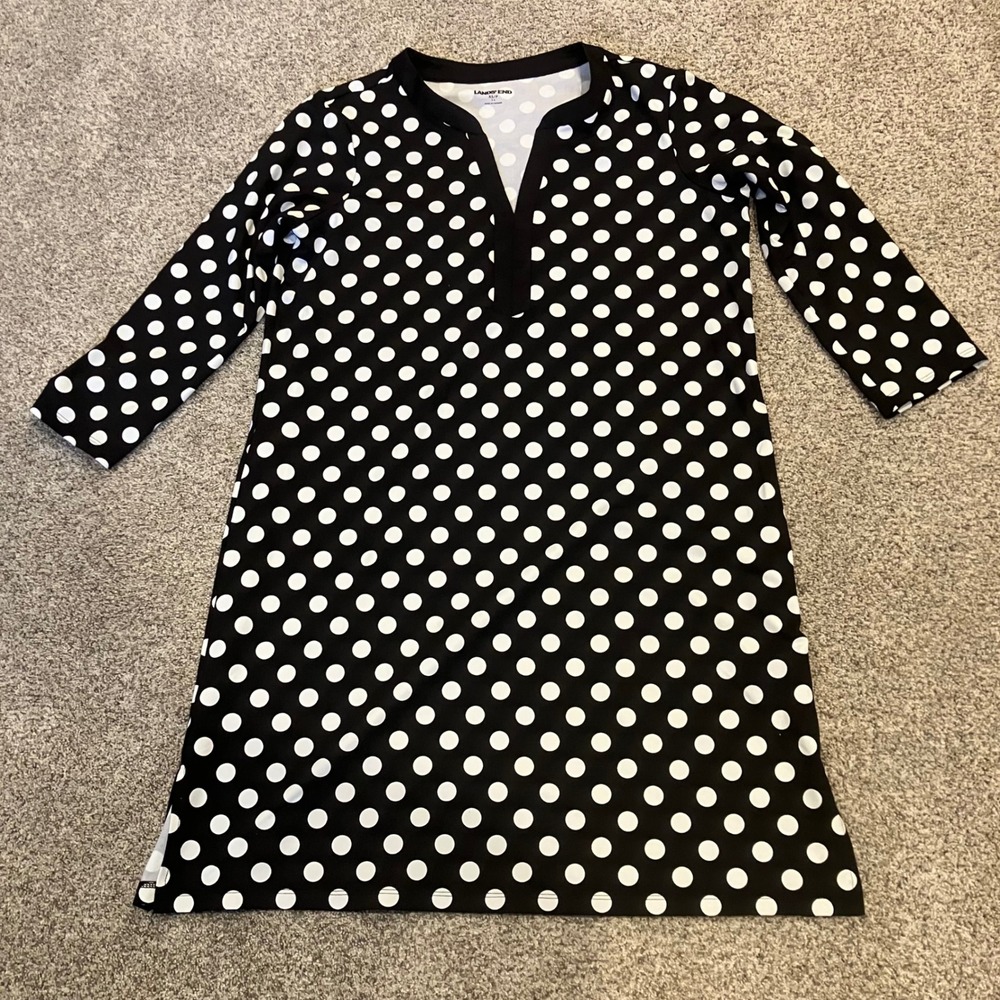 Lands End Womens XS Black White Polka Dot Dress Tunic Cover Up 3/4 Sleeve 2-4 XS